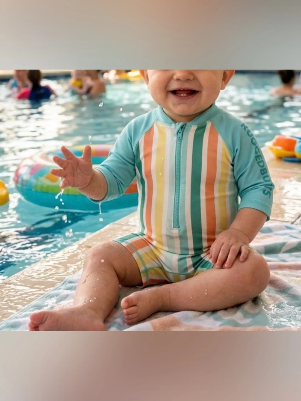 Rugged Butts Kids Front-Zip Rashguard Sunsuit in Aqua with Multi Stripes